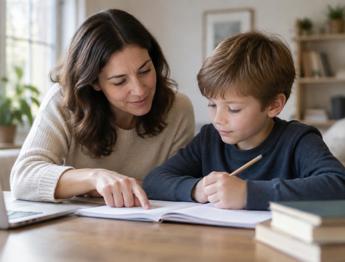 A tutor sitting beside a young learner, guiding them through work in a notebook